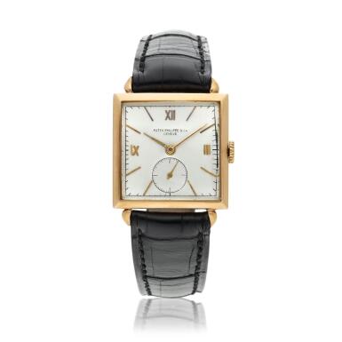 View full screen - View 1 of Lot 126. A pink gold square shaped watch, Circa 1940.