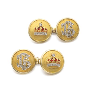 View full screen - View 1 of Lot 1124. Pair of gold, diamond and enamel presentation cufflinks, circa 1930.