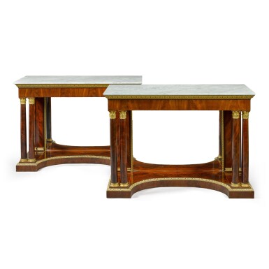 View full screen - View 1 of Lot 138. A pair of Continental mahogany and giltwood console tables, Italian or Austrian, early 19th century.