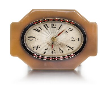View full screen - View 1 of Lot 138. A parcel-gilt silver, hardstone and enamel clock, probably E. Bako, Paris, early 20th century,.