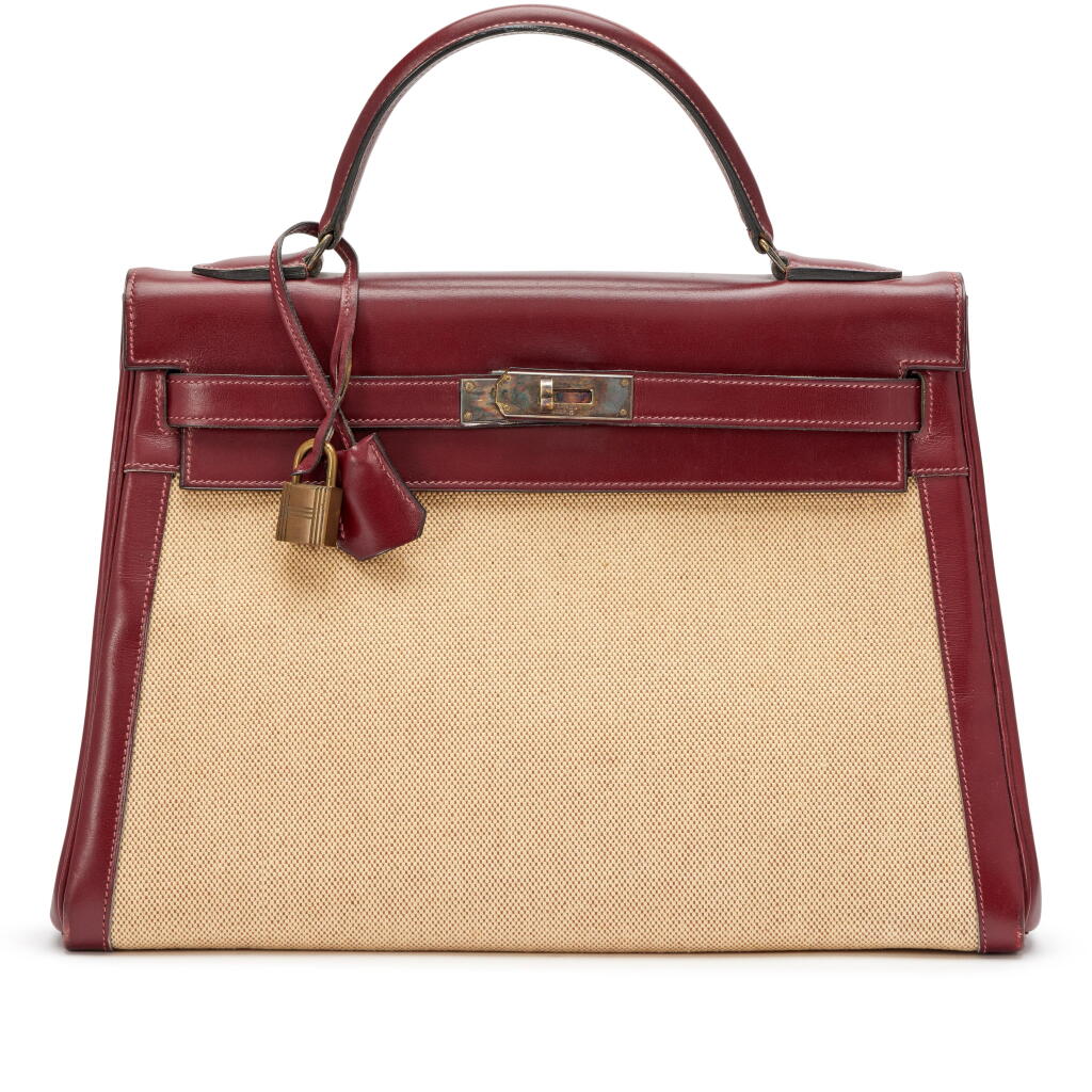 View full screen - View 1 of Lot 105. Vintage Rouge H Box and Toile Kelly 28 Retourné Gold Hardware, 1950.