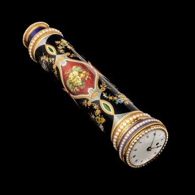 View full screen - View 1 of Lot 1233. A rare and important pearl-set gold and enamel extending telescope combined with a pocket watch, Moulinié, Bautte & Co, Geneva, circa 1810.