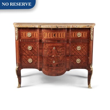 View full screen - View 1 of Lot 51. A Louis XV/XVI Transitional Gilt Bronze-Mounted Kingwood, Mahogany, Sycamore and Marquetry Commode, probably Eastern France, Circa 1770.