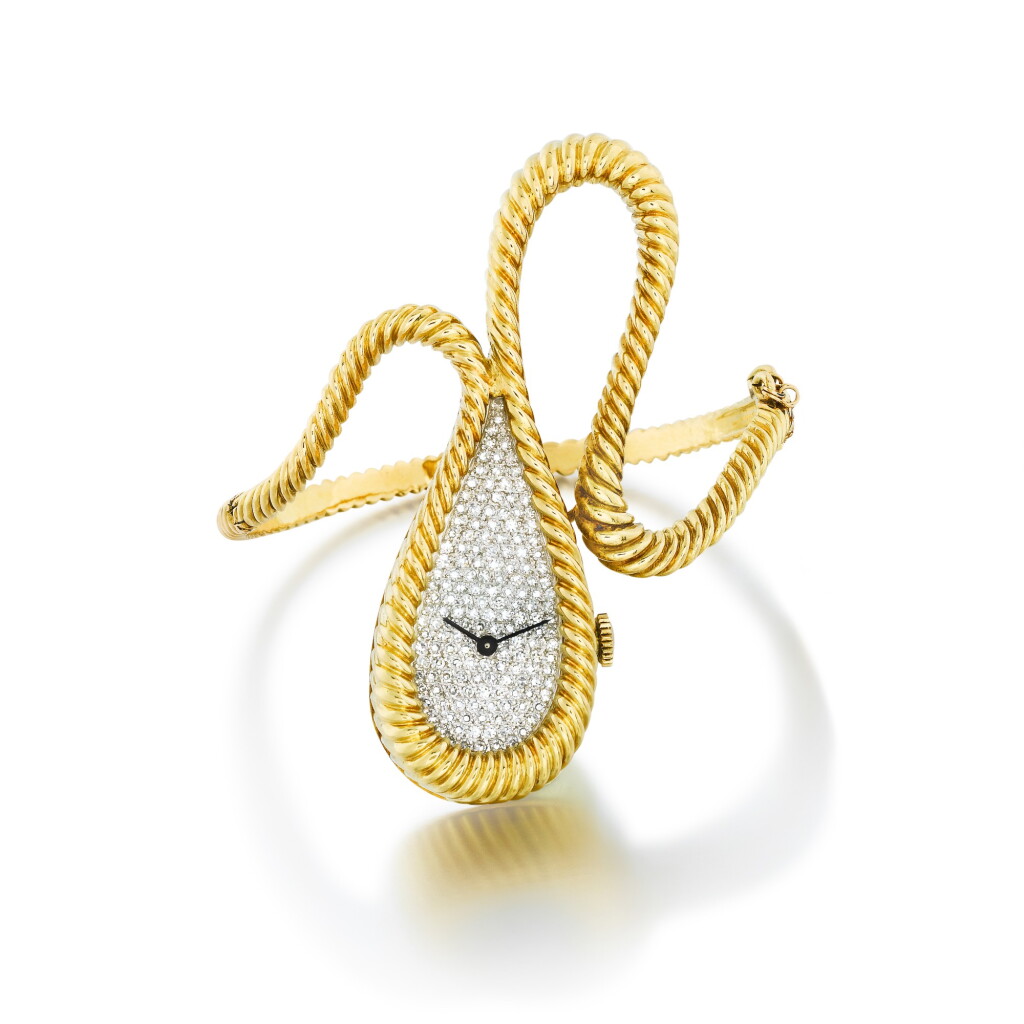 View full screen - View 1 of Lot 771. Jean Eté pour DeLaneau | Montre bracelet de dame or et diamants | Lady's gold and diamond bracelet watch.