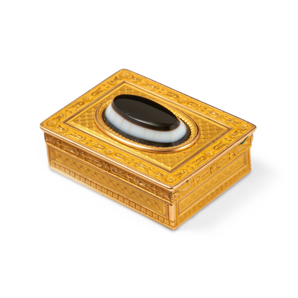 View full screen - View 1 of Lot 1085. A gold and hardstone vinaigrette, Adrien-Jean-Maximilien Vachette, Paris, 1809-1819, and a jewelled gold and enamel pocket watch, late 18th century.