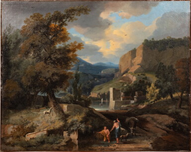 View full screen - View 1 of Lot 127. Wooded landscape with Diogène | Paysage boisé avec Diogène.
