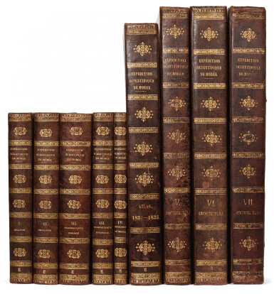 View full screen - View 1 of Lot 126. Blouet and Bory de Saint-Vincent. Expédition scientifique de Morée. 1831-40, complete work in 9 volumes, uniform calf.
