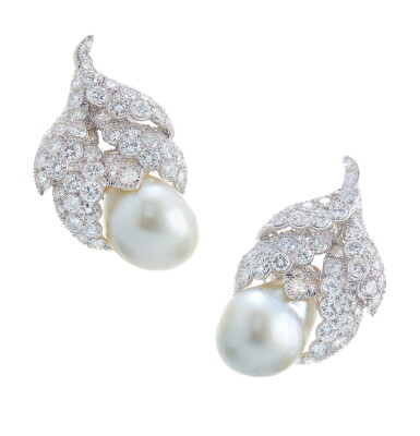 View full screen - View 1 of Lot 47. DAVID WEBB | PAIR OF CULTURED PEARL AND DIAMOND EARCLIPS.