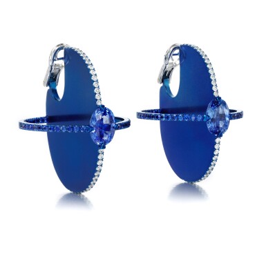 View full screen - View 1 of Lot 1027. Pair of blue titanium, diamond, sapphire and Ceylon sapphire earrings .