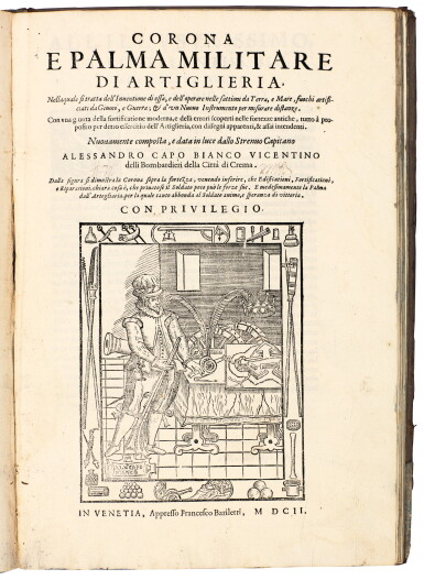 View full screen - View 1 of Lot 71. Capobianco, Corona e palma militare, 1602; Teti, Discorsi delle fortificationi, 1617; 2 works in one vol., calf.