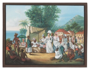 View full screen - View 1 of Lot 663. A linen market with a linen-stall and vegetable seller in the West Indies.
