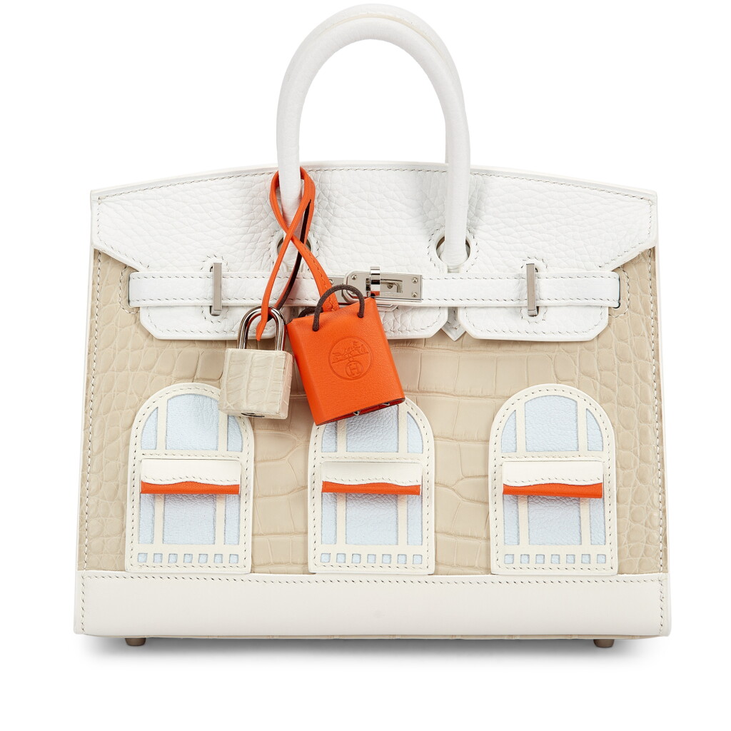 全螢幕檢視 - 查看914Limited Edition Beton Matte Mississippiensis Alligator, White Togo, Swift and Sombrero, Orange H and Craie Swift and Bleu Brume Chèvre Mysore Faubourg Sellier Birkin 20 Palladium Hardware, 2021的1
