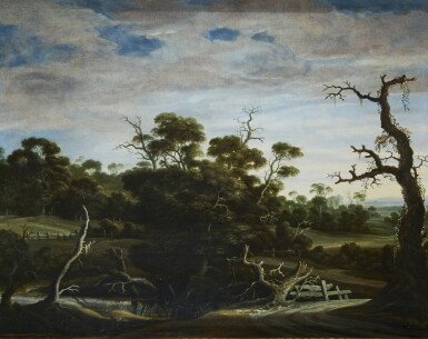 View full screen - View 1 of Lot 208. JOACHIM GOVERTSZ. CAMPHUYSEN | HILLY LANDSCAPE WITH TREES.