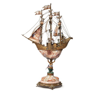 View full screen - View 1 of Lot 296. A Monumental Austrian Gilt-Metal and Enamel Nef, Vienna, Late 19th Century.