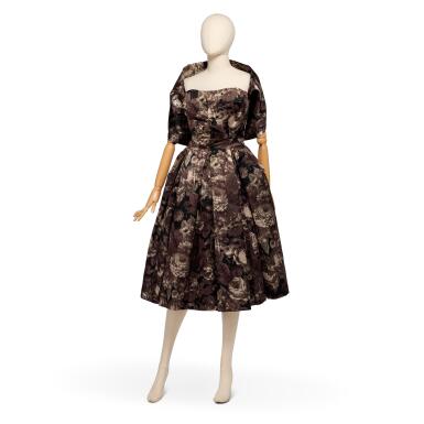 View full screen - View 1 of Lot 71. Haute Couture Brown and Grey Floral Chine Satin Dress, 1950s.