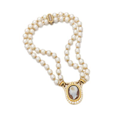 View full screen - View 1 of Lot 788. Cameo and cultured pearl necklace, circa 1990.
