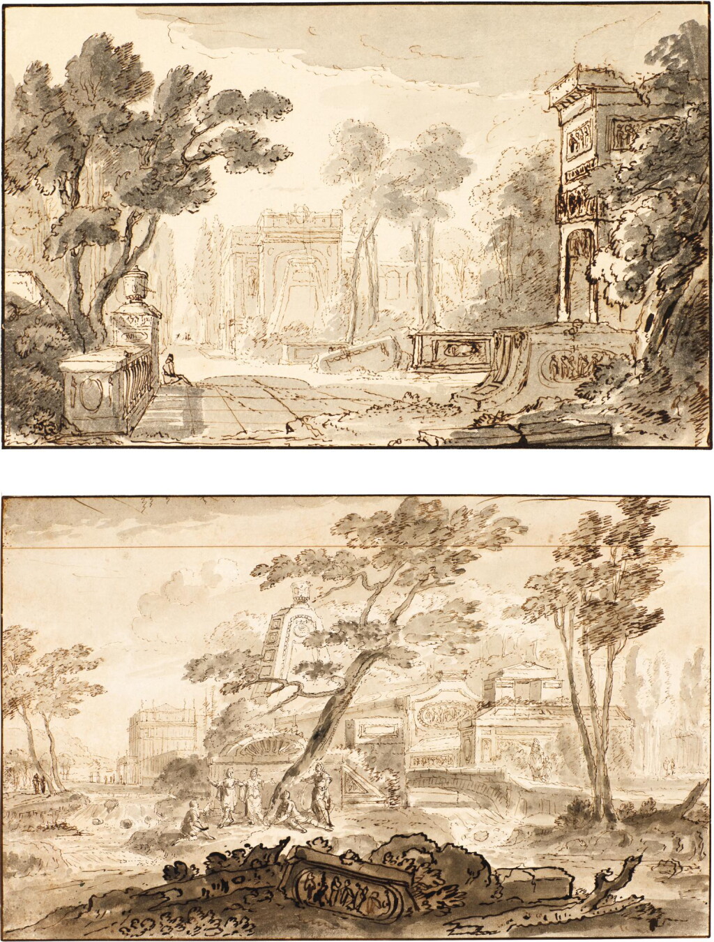 View full screen - View 1 of Lot 104. ABRAHAM RADEMAKER | A PAIR OF ITALIANATE LANDSCAPES WITH FIGURES AMONG CLASSICAL RUINS.