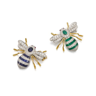View full screen - View 1 of Lot 353. Emerald and diamond brooch and a sapphire and diamond brooch.
