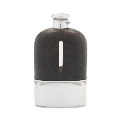View full screen - View 1 of Lot 29. A large American silver and snakeskin flask, Gorham Manufacturing Company, Rhode Island, circa 1920.