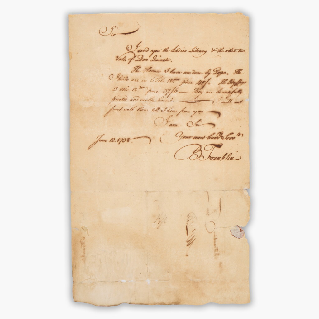 View full screen - View 1 of Lot 12. Benjamin Franklin | One of Franklin's very earliest surviving letters.