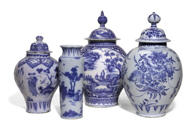 View full screen - View 1 of Lot 199. A group of four blue and white fayence Chinoiserie vases, Late 17th century, Delft or German, perhaps Frankfurt.