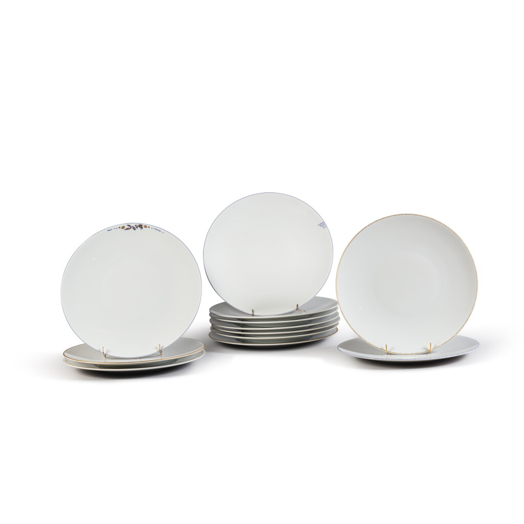 View full screen - View 1 of Lot 31. A set of twelve porcelain dinner plates, Manufacture de Monaco, 20th century, the decor by Philippe Favier.
