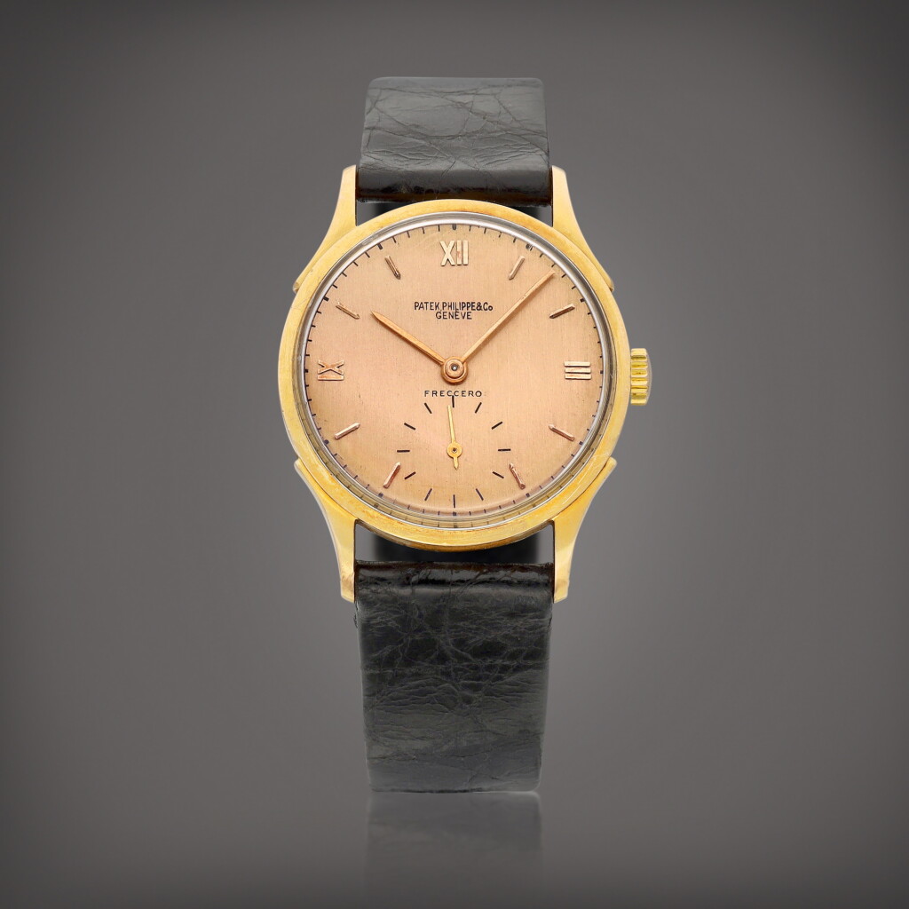 View full screen - View 1 of Lot 2270. A pink gold wristwatch with pink dial, Retailed by Freccero, Circa 1943 | 百達翡麗 | 粉紅金腕錶,備粉紅色錶盤,由 Freccero 發行,約1943年製.