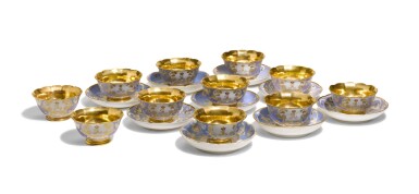 View full screen - View 1 of Lot 152. A GROUP OF PORCELAIN CUPS AND SAUCERS FROM THE FARM PALACE BANQUET SERVICE, IMPERIAL AND KORNILOV PORCELAIN FACTORIES, ST PETERSBURG, PERIOD OF ALEXANDER II (1855-1881) AND ALEXANDER III (1881-1894).
