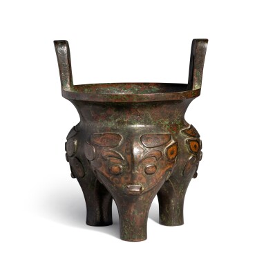 View full screen - View 1 of Lot 694. An archaistic copper-inlaid bronze tripod censer (Ding), Ming dynasty | 明 銅錯銅饕餮紋冲天耳鼎式爐.