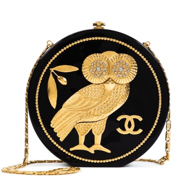 View full screen - View 1 of Lot 322. Limited Edition Black and Gold Acrylic and Strass Owl Evening Bag Gold Hardware, Cruise 2018.
