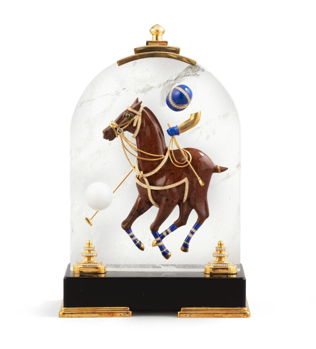 View full screen - View 1 of Lot 26. A French obsidian, gold, silver-gilt and rock-crystal sculpture representing a polo player, Mellerio, Paris, 1999 | Sculpture en obsidienne, or, vermeil et cristal de roche représentant un joueur de polo par Mellerio, Paris, 1999.