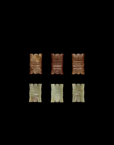 View full screen - View 1 of Lot 3748. A set of six jade 'crown'-shaped ornaments, Western Zhou dynasty - Eastern Zhou dynasty, Spring and Autumn period | 西周至東周春秋 玉束帛形飾片一組六件 .