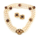 Red Gripoix Glass, Gold Metal and Imitation Baroque Pearl Necklace, 1983 and Earrings, 1996