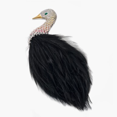 View full screen - View 1 of Lot 352. Colored Stone, Feather and Diamond Clip-Brooch.