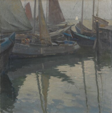 View full screen - View 1 of Lot 106. ANTHONIE PIETER SCHOTEL | HAVENGEZICHT (SAILING BOATS IN THE HARBOR).