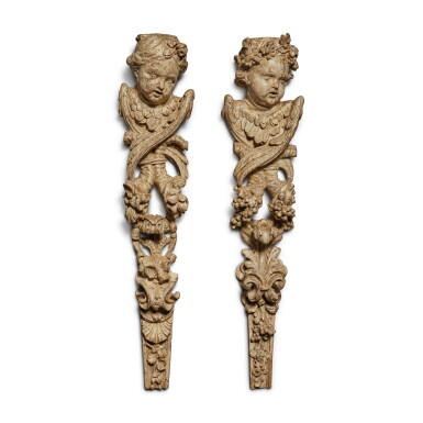 View full screen - View 1 of Lot 484. A Pair of English Baroque Carved and Painted Oak Wall Carvings, Late 17th Century.
