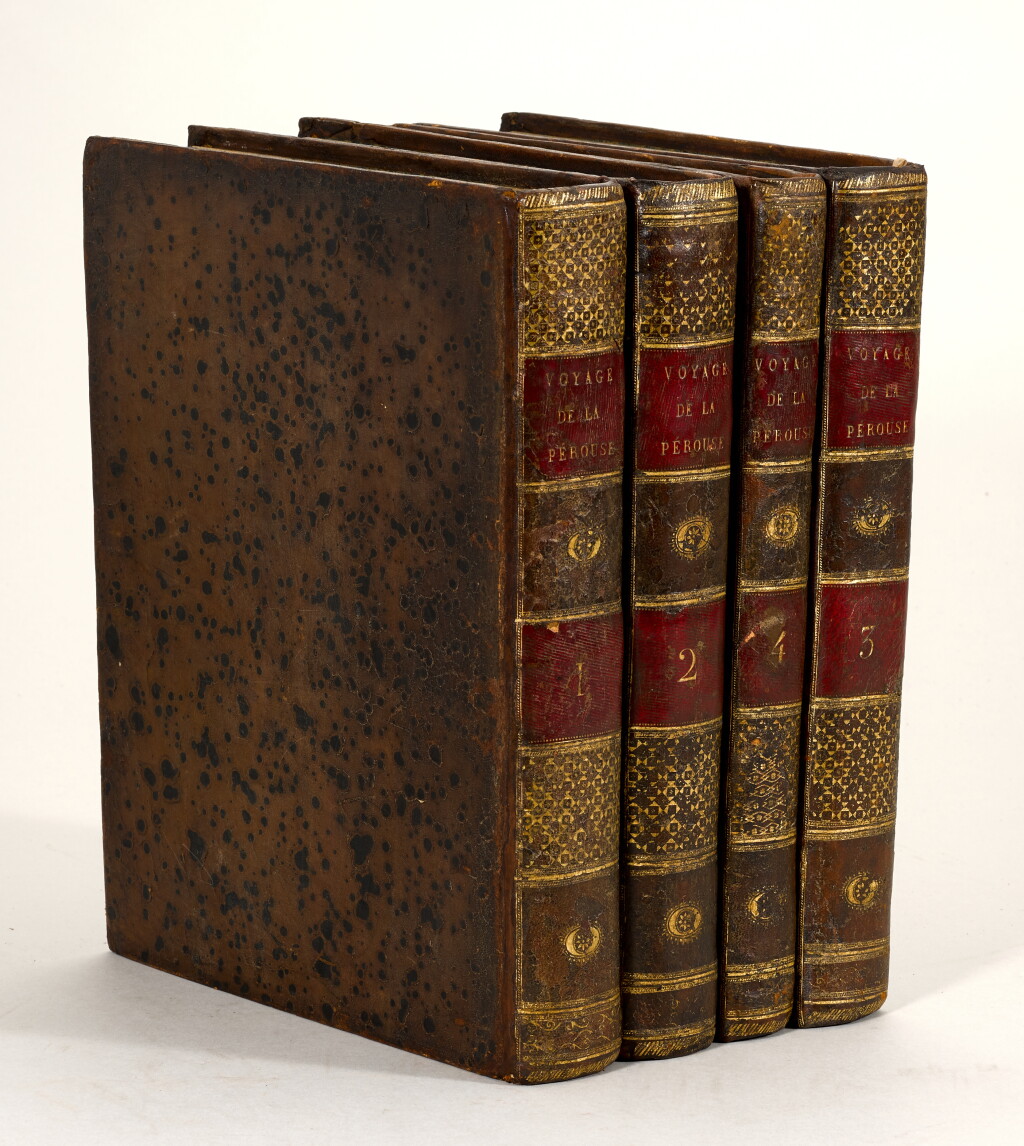 View full screen - View 1 of Lot 66. La Perouse | Voyage ... autour du Monde. Paris, 1791, first edition, 5 volumes: 4 text and one atlas.