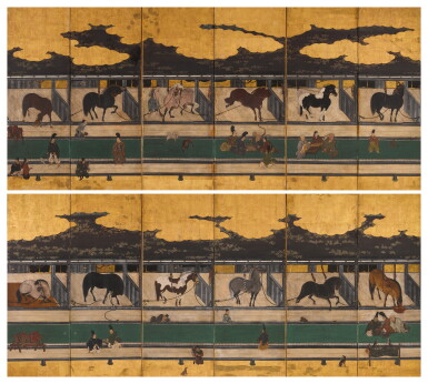 View full screen - View 1 of Lot 36. Anonymous | Fine horses in stable | Momoyama - Edo period, 17th century .
