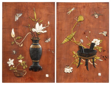 View full screen - View 1 of Lot 122. A pair of Shibayama-style lacquer and inlaid panels, Japan, Meiji period.