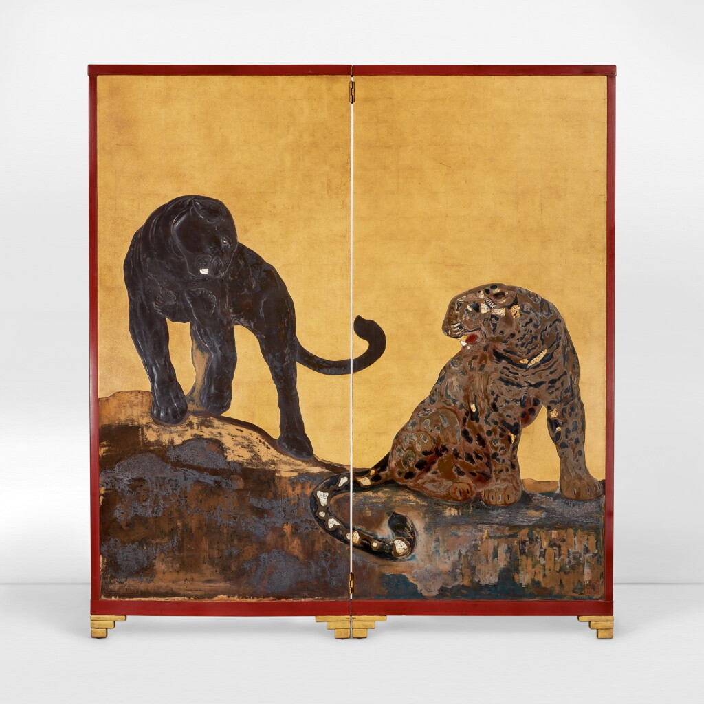 View full screen - View 1 of Lot 65. JEAN DUNAND | “PANTHÈRE NOIRE ET JAGUAR” TWO-PANEL SCREEN.