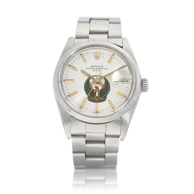 View full screen - View 1 of Lot 8260. Oyster Date, Reference 1500 | A stainless steel wristwatch with UAE Coat of Arms dial, date and bracelet, Circa 1979 | 勞力士 Oyster Date 型號1500| 精鋼鏈帶腕錶,備 UAE Coat of Arms 錶盤及日期顯示,約1979年製.