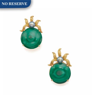View full screen - View 1 of Lot 308. Tony Duquette | Pair of Malachite and Cultured Pearl Earclips.