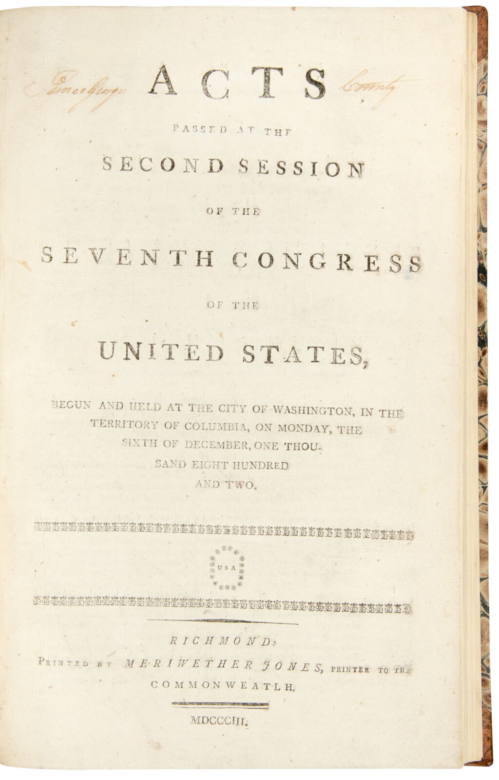 View full screen - View 1 of Lot 1085. United States Congress | Acts Passed at the Second Session of the Seventh Congress of the United States.