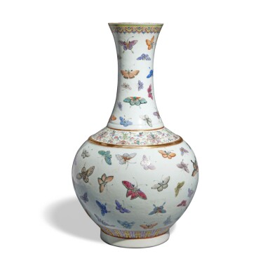 View full screen - View 1 of Lot 510. A famille-rose 'butterfly' bottle vase, Mark and period of Guangxu | 清光緒 粉彩百蝶圖賞瓶 《大清光緒年製》款.