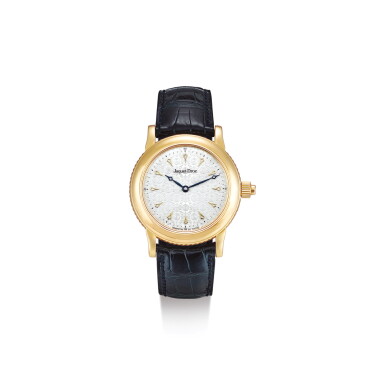 View full screen - View 1 of Lot 2135. JAQUET DROZ | REFERENCE 4005 A YELLOW GOLD MUSICAL WRISTWATCH WITH ENAMEL EROTIC AUTOMATON, CIRCA 2000" | 雅克德羅 | 型號4005 黃金音樂腕錶,備琺瑯活動春宮人偶圖,錶殼編號698及001,約2000年製".