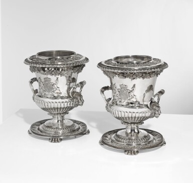 View full screen - View 1 of Lot 17. A pair of George III silver wine coolers and stands, Benjamin Smith, London, 1807.