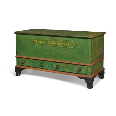 View full screen - View 1 of Lot 218. Green-, Red- and Black-Painted Poplar Blanket Chest with Drawers, Upper Hanover Township, Montgomery County, Pennsylvania, Circa 1840.