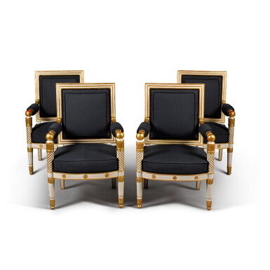 View full screen - View 1 of Lot 12. A set of four Empire white painted and parcel gilt fauteuils, by Jacob, early 19th century.