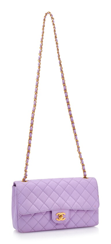 View full screen - View 1 of Lot 146. LILAC TECH FABRIC AND LEATHER WITH GOLD-TONE METAL CLASSIC SHOULDER BAG, CHANEL.