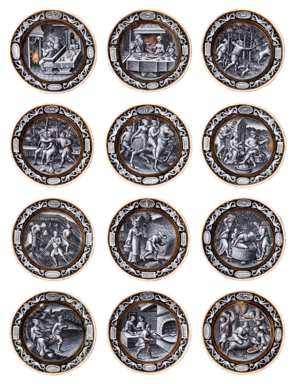 View full screen - View 1 of Lot 137. A set of twelve Limoges grisaille painted enamel plates depicting the Labours of the months, Circa 1559.